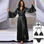 3 PCS Soft Silk Nighty for Women in Pakistan with Gown Bra and Panty Black Color