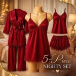 5 pcs maroon silk night suit for women Pakistan premium satin nightwear set with robe and lace design