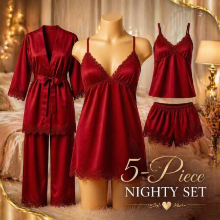 5 pcs maroon silk night suit for women Pakistan premium satin nightwear set with robe and lace design