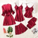 5 pcs maroon silk night suit for women Pakistan soft satin nightwear set