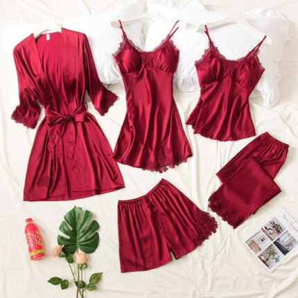 5 pcs maroon silk night suit for women Pakistan soft satin nightwear set