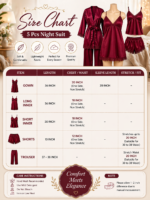 5 pcs maroon silk night suit size chart for women Pakistan with measurements