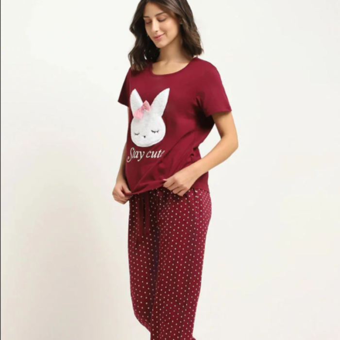 2 Pcs Maroon Bunny Printed Pajama Set for Ladies by bisawears.com