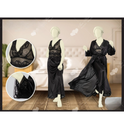 2 Pcs Black Long Night Dress Gown & Inner Set For Bridal by bisawears.com