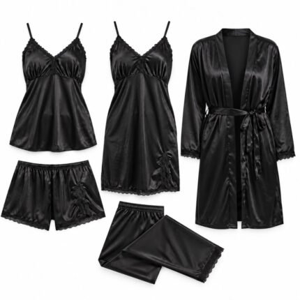 Black 5 piece silk night suit with a belted robe, nighty, camisole, shorts and folded trousers on a light background