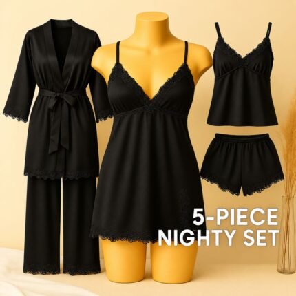 Black 5 piece silk night suit with a nighty on a gold mannequin, matching robe, camisole, shorts and trousers