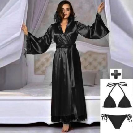 Black nighty gown Article 1276 shown from the back with lace trim