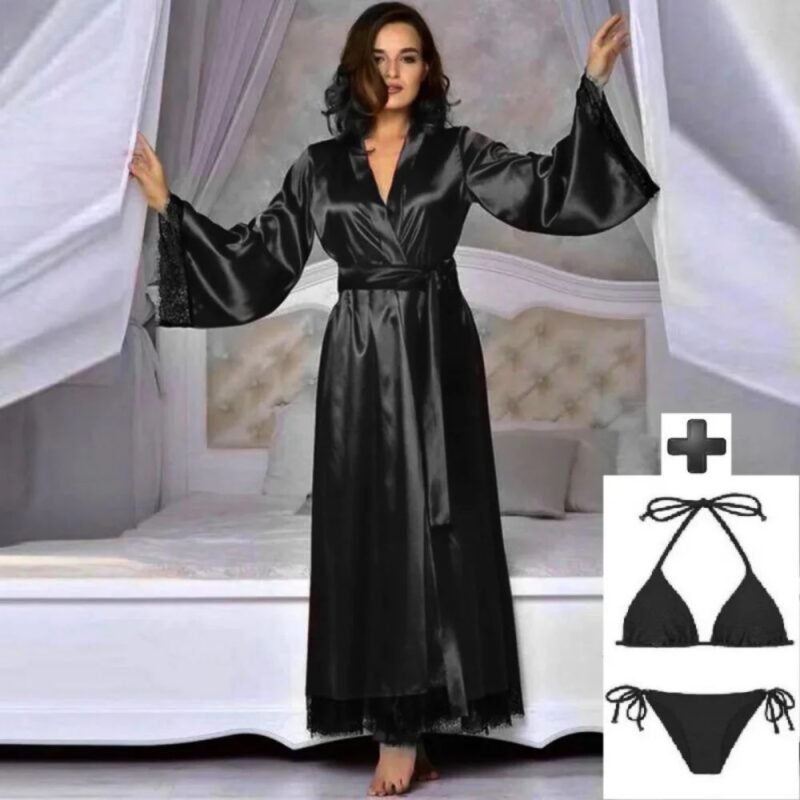 Black nighty gown Article 1276 shown from the back with lace trim