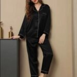 Black silk night suit for women with long sleeve shirt and matching pajama