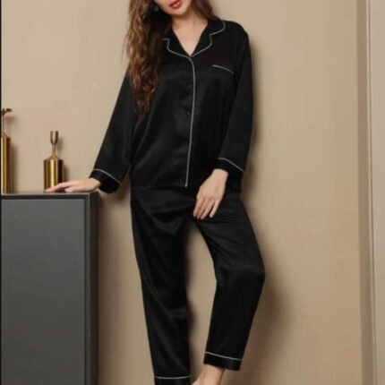 Black silk night suit for women with long sleeve shirt and matching pajama