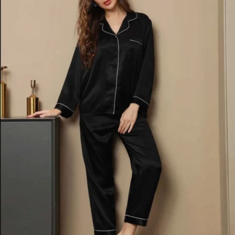 Black silk night suit for women with long sleeve shirt and matching pajama