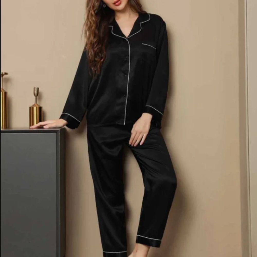 Black Silk Night Suit for Women – Front View Black silk night suit for women with long sleeve shirt and matching pajama