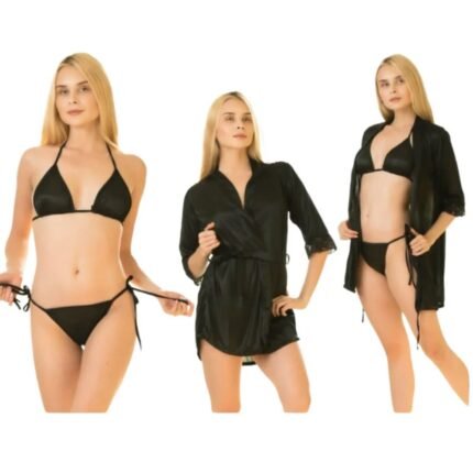 Black silk robe set shown with the matching triangle top and tie-side panty, with the robe worn open and tied closed