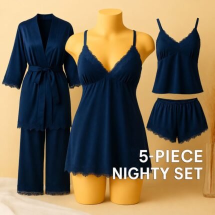 Blue 5 piece silk night suit showing a robe, nighty on a mannequin, camisole, shorts and trousers