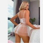 Back view of floral embroidered transparent lingerie showing sheer mesh skirt and back straps