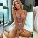 Front view of floral embroidered transparent lingerie with pink flower embroidery and sheer white mesh