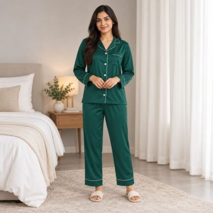 Green silk night suit for women in satin silk, front view showing the collared shirt and matching trousers