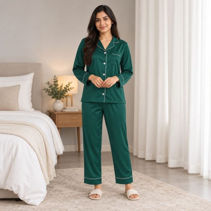 Green silk night suit for women in satin silk, front view showing the collared shirt and matching trousers