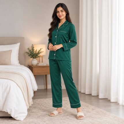 Three-quarter view of a green satin silk pajama set with white piping and matching trousers
