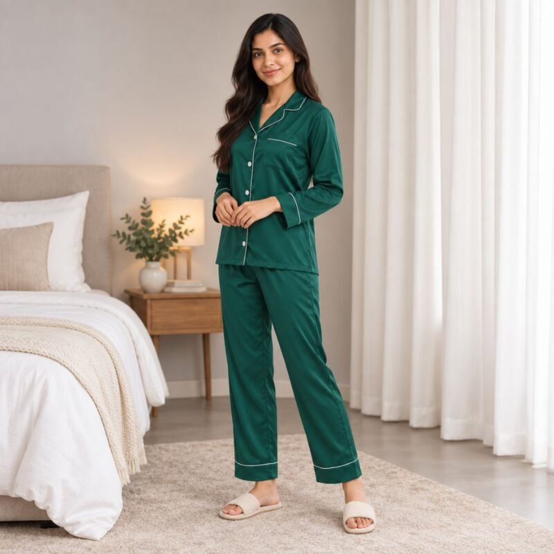 Three-quarter view of a green satin silk pajama set with white piping and matching trousers