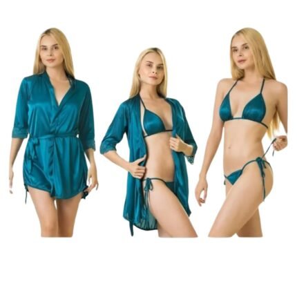 Green silk robe set shown with the robe tied closed, worn open and the matching bikini top and tie-side panty