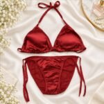 Maroon padded bikini set for women in Pakistan with triangle bra and matching tie side panty