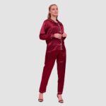 maroon silk night suit front view women satin pajama set comfortable nightwear Pakistan