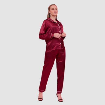 maroon silk night suit front view women satin pajama set comfortable nightwear Pakistan