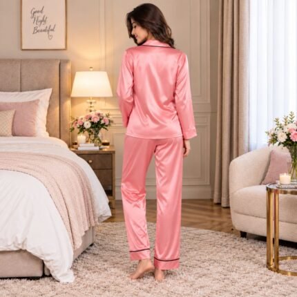 Pink silk night suit for women shown from back with matching pajama