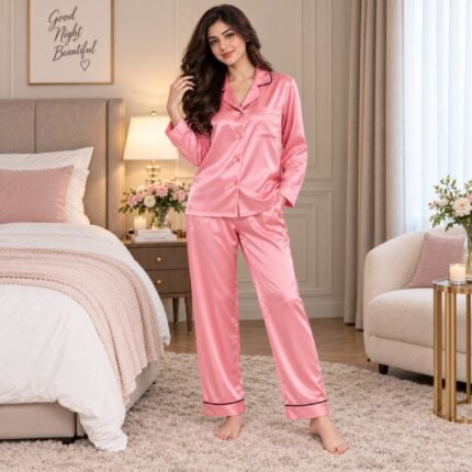 Pink silk night suit for women with button-front shirt and matching satin pajama