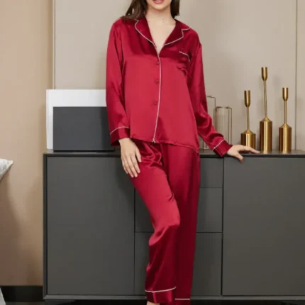 Red silk night suit for women with long sleeve shirt and pajama