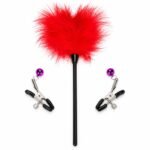 Red feather tickler with nipple clamps included in 10 piece BDSM kit