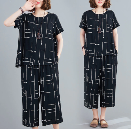 2 Pcs Black Printed Capri Nighty Dress Suit for Women In Pakistan - bisawears.com