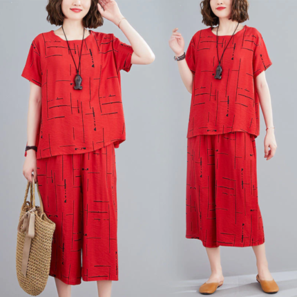 2 Pcs Red Printed Capri Nighty Dress Suit for Women In Pakistan - bisawears.com