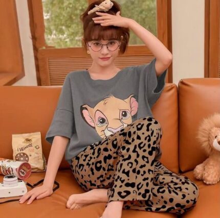 2 Pcs Grey Simba Printed Night Suit for Women - PJs Set In Pakisan by bisawears.com