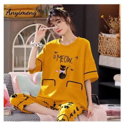 2 Pcs Meow Printed Night Suit for Women – Shirt & Trouser PJs - bisawears.com