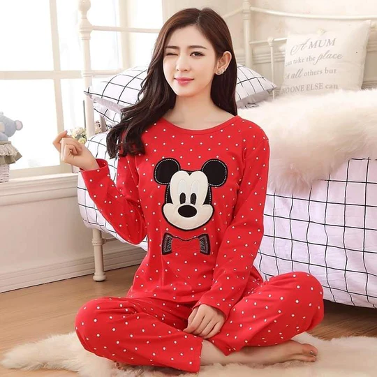 2 Pcs Red Mickey Night Suit for Women - Full Sleeve PJs - bisawears.com
