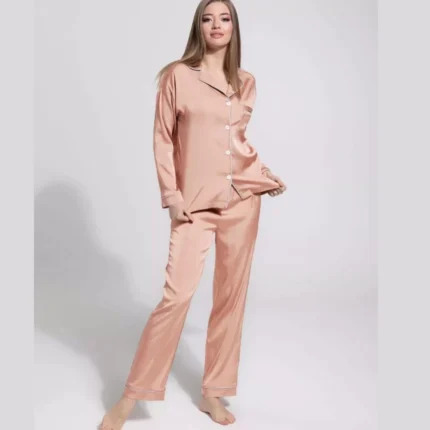 Rose Gold Silk Sleepwear – Long Sleeve & Collar Design - bisawears.com