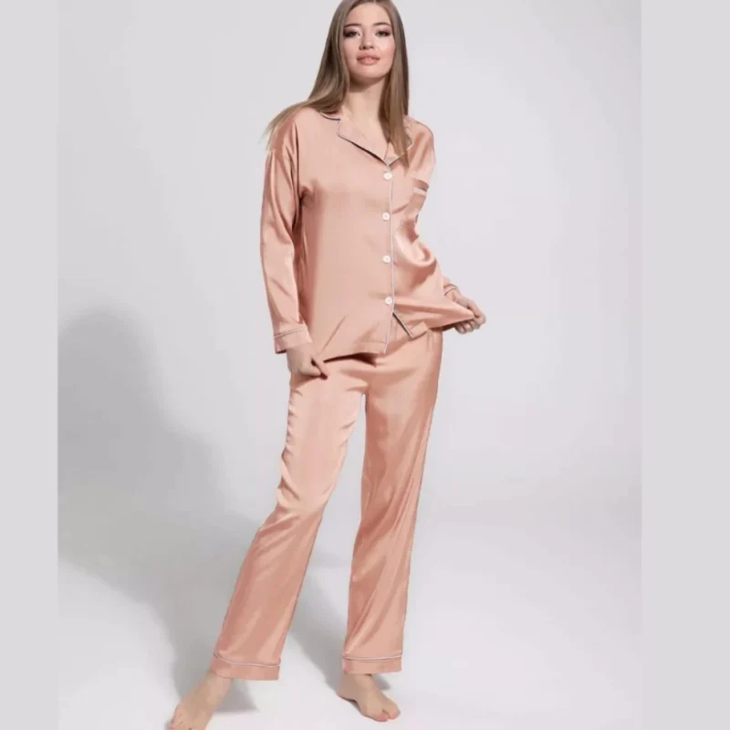 Rose Gold Silk Sleepwear – Long Sleeve & Collar Design - bisawears.com