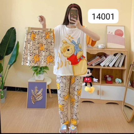 3 Pcs Pooh Bear Night Suit – Shirt Trouser & Shorts Set in pakistan by bisawears.com
