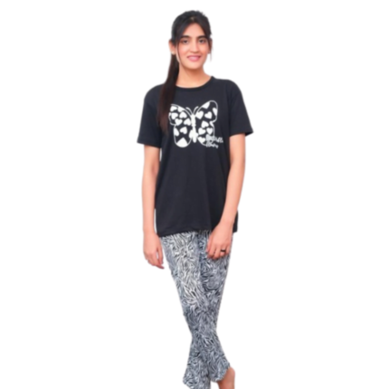 2 Pcs Black Butterfly Night Suit for Women - T-Shirt & Pajama In Pakistan - bisawears.com