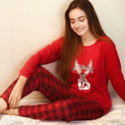 2 Pcs Maroon Rabbit Print Night Suit for Women In Pakistan by nightydress.com