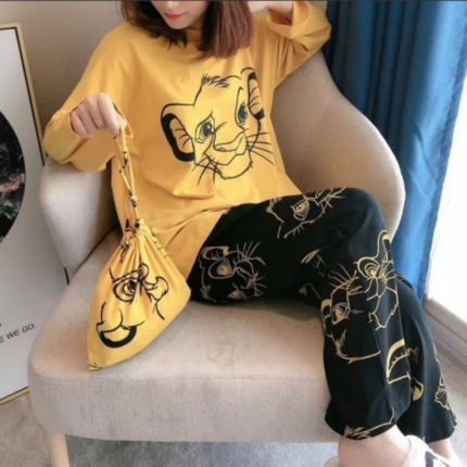 2 Pcs Yellow Black Lion Printed Night Suit for Girls in pakistan by bisawears.com