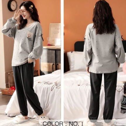 2 Pcs Set Bear Print Cotton Jersey Night Suit for Women in pakistan by bisawears.com