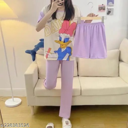 Women’s 3 Pcs Daisy Printed Nightwear – T-Shirt, PJs & Shorts in pakistan by bisawears.com