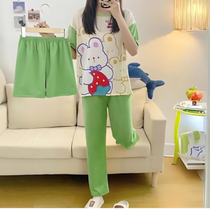 3 Pcs Women’s Bear Printed Sleepwear – Shirt Pajama & Shorts in pakistan by bisawears.com