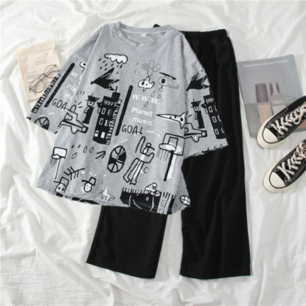 2 Pcs Grey Graphic T-Shirt & Black Pajama Night Suit for Women in pakistan by bisawears.com
