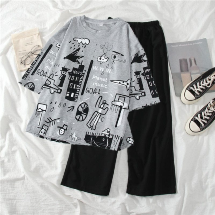 2 Pcs Grey Graphic T-Shirt & Black Pajama Night Suit for Women in pakistan by bisawears.com