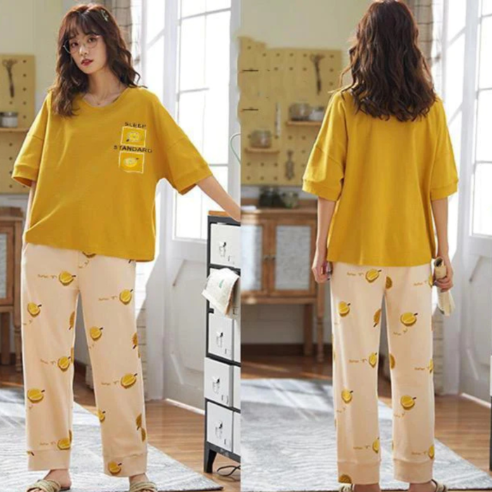 2 Pcs Yellow T-Shirt & Peach Emoji Pajama Night Suit in pakistan by bisawears.com