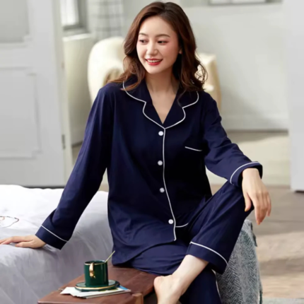 Blue Silk Night Suit for Women – Long Sleeve Collar Design - bisawears.com